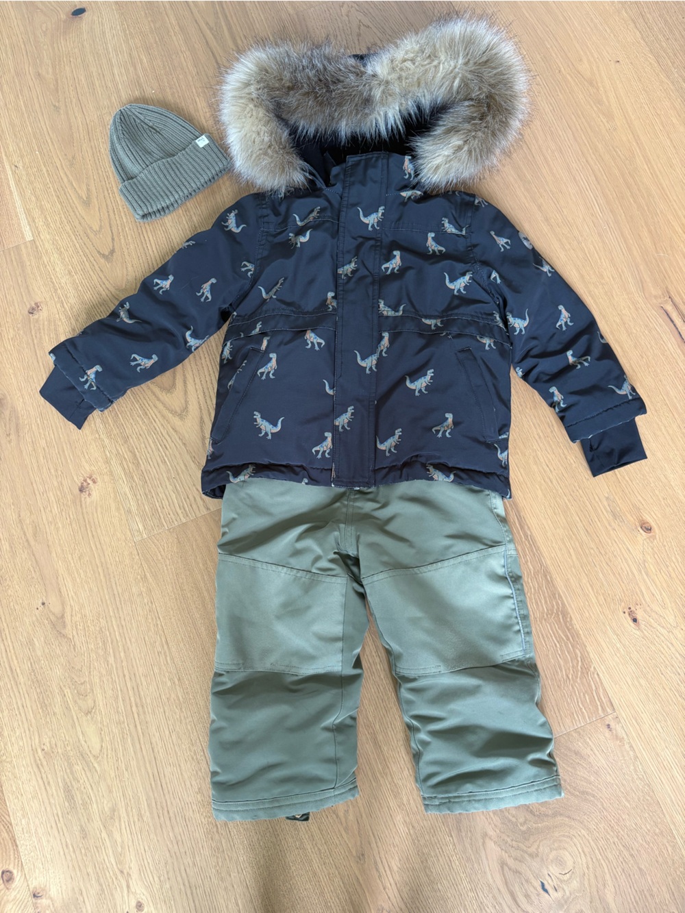 Children's Black Dino-Print Puffer Hat-Trim Hooded Jacket